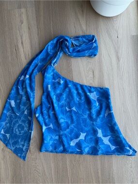 Anthropologie Blue Floral One-Shoulder Scarf Top